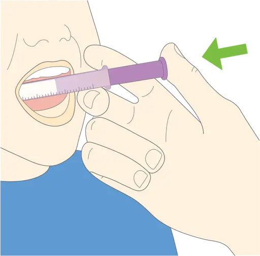 Image showing insertion of syringe with pulled back plunger into side of mouth